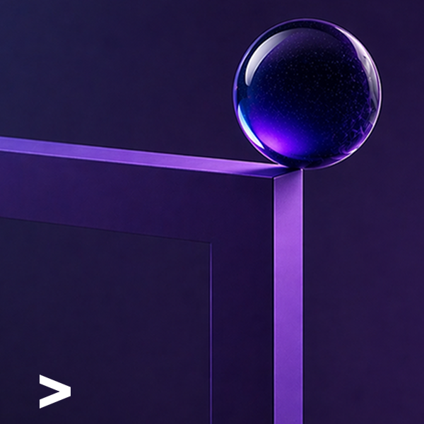 Purple glass sphere resting on the corner of a geometric frame against a dark violet background.